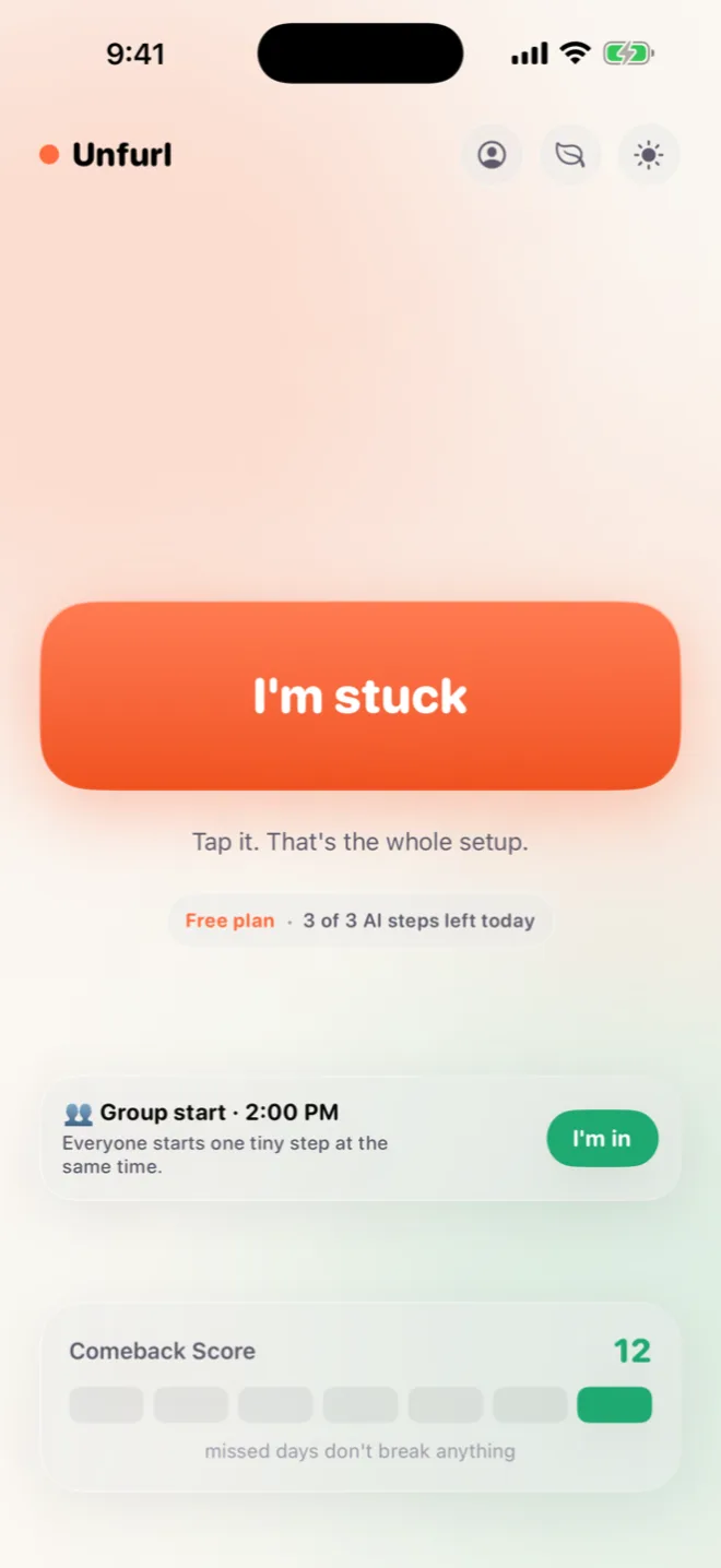 Unfurl home screen: a single large 'I'm stuck' button with the caption 'Tap it. That's the whole setup.'