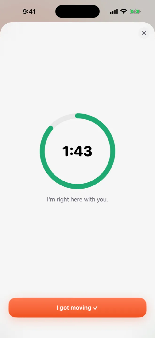 Unfurl's 2-minute timer counting down at 1:43 with the message 'I'm right here with you' and an 'I got moving' button.